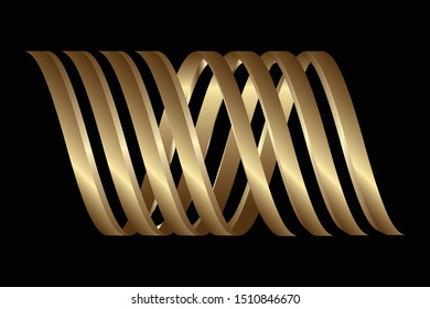 Golden shape symbol vector illustration on black background. Metallic golden 3D twisted lines with modern luxury design useful for labels, wallpaper, web page background, logo, jewelry store.