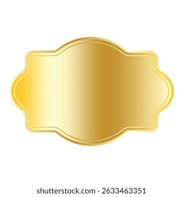 Golden shaped label. Glossy vector badge. Elegant curved form. Metallic tag surface.
