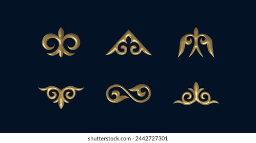 golden shapes collection set of isolated realistic 3D Kazakh national ornament elements. Inflated 3D element with the metallic effect. Vector set shapes