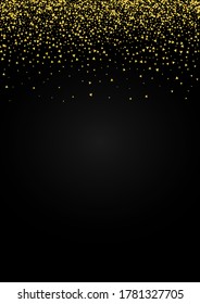 Golden Shards Festive Black Background. Holiday Triangle Pattern. Gold Dust Modern Card. Sequin Transparent Illustration.