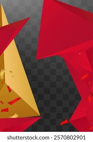 Golden Shards Technology Vector Transparent  Background. Trendy Pattern. Red and Gold Dynamic Elements Card. Minimal Flyer.