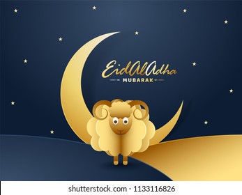 Golden sheep with crescent moon on night view landscape decorated of stars can be used as greeting card design for Eid Al Adha Mubarak Festival of Sacrifice.