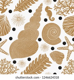 Golden shells, seaweed and polka dots. Vector seamless pattern.