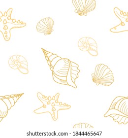 Golden shells and starfish seamless pattern. Hand drawn line on a white background. Colorful doodle wallpaper