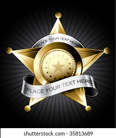 Golden sheriff badge design with a silver ribbon for text svg