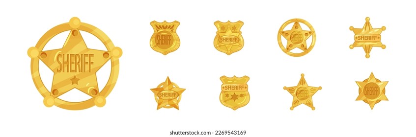 Golden Sheriff Badges with Star as Authority Sign Vector Set