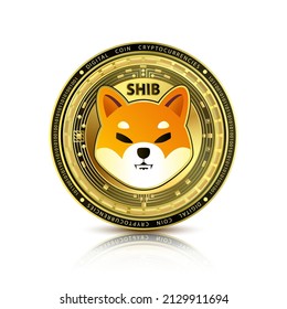 Moneda ainu del shiba de oro. Tecnología de moneda criptográfica electrónica. token de mercado de la cadena de bloques de criptodivisa digital. Vector 3D realista. Aislado sobre fondo blanco.