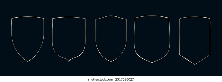 Golden Shield Arch Frames Set. Thin Line Gold Borders Luxury Minimalist Collection. Premium Vector Brass Outline Geometric Rectangles. Linear Decorative Banners with Black Background. Isolated