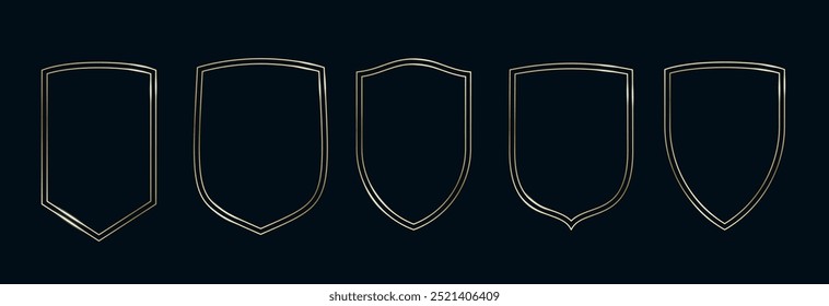 Golden Shield Arch Frames Set. Thin Line Gold Borders Luxury Minimalist Collection. Premium Vector Brass Outline Geometric Rectangles. Linear Decorative Banners with Black Background. Isolated
