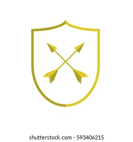 Golden shield with arrows. Web icon. Anti-virus. Flat vector stock illustration