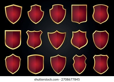 Insignias de escudo dorado. Diferentes Formas Elementos heráldicos, etiquetas en blanco, artículos de metal de lujo, escudos de armas iconos de diseño. Símbolo de protección y salvaguardia. Icono vacío de calidad de Premium. Conjunto de Vectores cualitativos