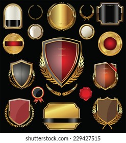 Golden shield, badges, labels and laurels