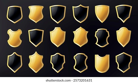 Golden shield badges. Realistic luxury metal trophy 3d frame, blank heraldic armor emblem for award label crest medieval design, antique royal aristocratic decor. Vector safety icons set.