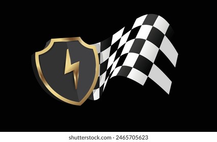 Goldener Schild und karierte Rennflagge vor dunklem Hintergrund. Racing-Vektorillustration.