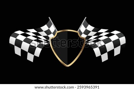 Golden Shield and Checkered Racing Flag Against Dark Background. Racing vector illustration.