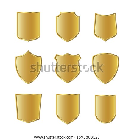 Golden shield collection. Set of gold protection signs. Knight award, medieval royal vintage badges 