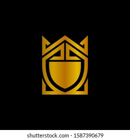 Golden shield crown logo design. Luxury gold shield logo template. King/queen crown logo element, badge insignia symbol, shielding business icon