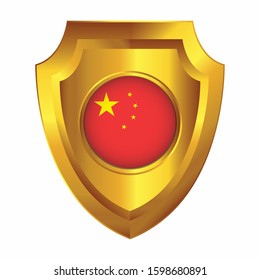 Golden shield design. China flag on a shield with a white background.