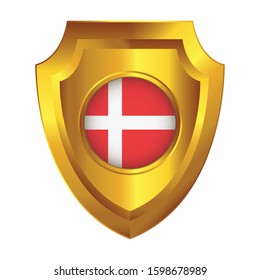 Golden shield design. Denmark flag on a shield with a white background.