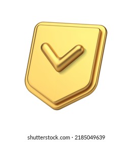 Golden shield done checkmark account access control positive verification privacy armor insurance realistic 3d icon vector illustration. Password safety authentication check isometric badge