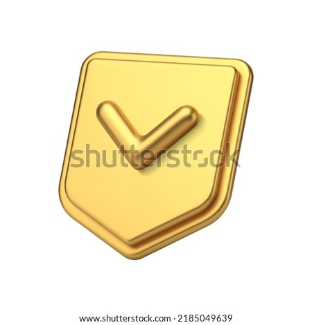 Golden shield done checkmark account access control positive verification privacy armor insurance realistic 3d icon vector illustration. Password safety authentication check isometric badge