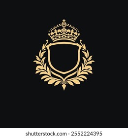 Golden shield emblem with crown and laurel leaves on black background for a classic and regal design