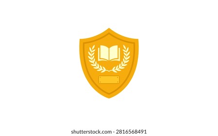 Golden shield emblem with open book and laurel wreath for school academy award or graduation crest vector illustration isolated on white background.
