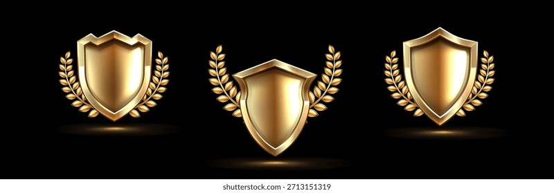 Goldene Schild Embleme mit Lorbeerkranz Dekoration für Premium-Auszeichnungen und Leistungen. Metallabzeichen auf schwarzem Hintergrund mit elegantem Glüheffekt. Trophäensymbole oder Sicherheitssymbole für das Spieldesign