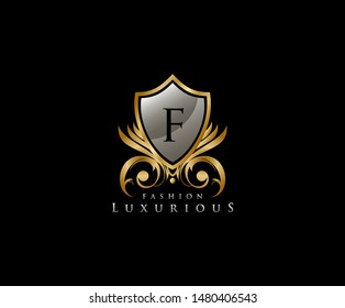 Golden Shield F Letter Logo. Vintage Shield With F Letter prefect for boutique, hotel, restaurant, wedding and other elegant business. 