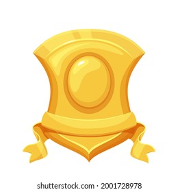 Golden shield. First place winner, trophy, sport award. Isolated vector icon of golden shield first place cartoon style.