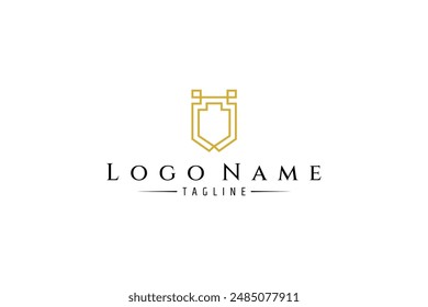 Golden Shield frame logo in luxury line art vector design