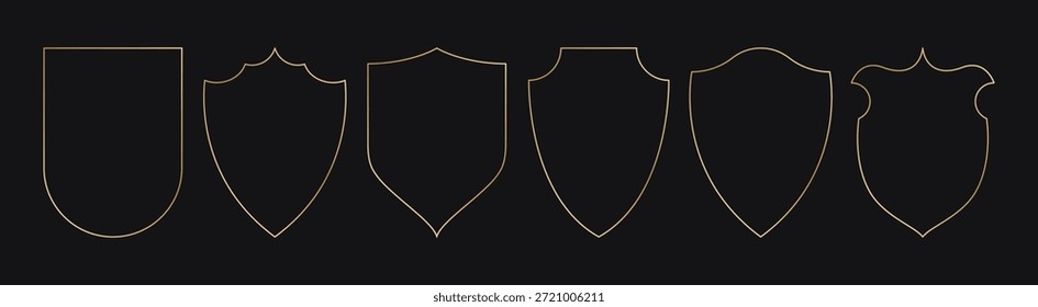 Marcos de escudo dorado. Fronteras geométricas de oro de lujo, insignias de seguridad simples, Formas decorativas elegantes de línea delgada para el diseño de la tarjeta de cumpleaños de la boda, insignias de arco heráldico. Conjunto de Vector.