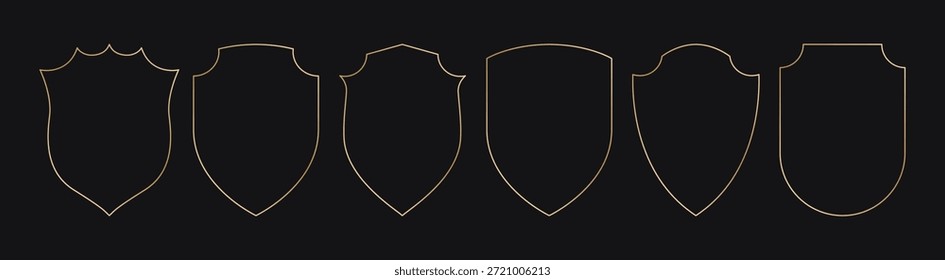 Marcos de escudo dorado. Fronteras geométricas de oro de lujo, Formas decorativas de línea delgada elegante simple para el diseño de la tarjeta de cumpleaños de la boda, insignias de arco heráldico. Conjunto de Vector.