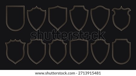 Golden shield frames. Geometric luxury gold borders, simple elegant linear decorative shapes for wedding birthday card design, heraldic arch badges. Vector set.