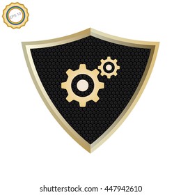Golden shield. Gear icon inside shield.