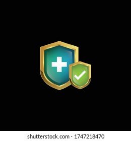golden shield with healthcare icon.Vector illustration isolated on white background.
