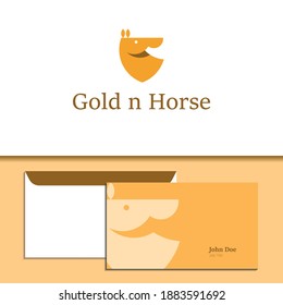 Golden shield horse logo company, logo vector template design with business envelope preview. Ready to use, easy for edit.