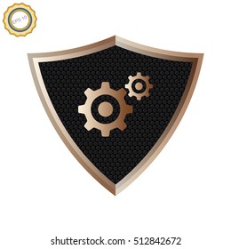 Golden shield. Shield icon with gear.
