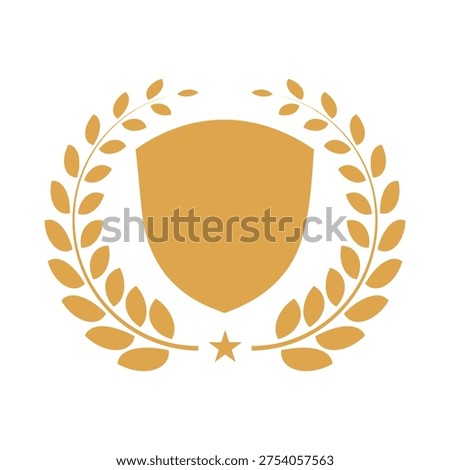 A golden shield icon surrounded by a laurel wreath with a star at the bottom, in a simple vector style, on a pure white background.