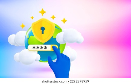 The golden shield with keyhole and password. Global safety concept. 3d vector banner with copy space