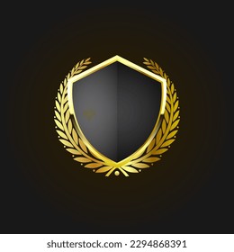 Golden Shield With Laurel Wreath isolated on black background. Vector Illustration