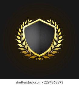 Golden Shield With Laurel Wreath isolated on black background. Vector Illustration