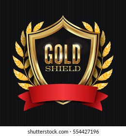 Golden Shield With Laurel Wreath And Red Ribbon. Vector Illustration