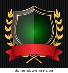 Golden Shield With Laurel Wreath And Red Ribbon. Vector Illustration