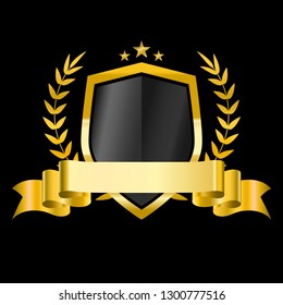 Golden shield with laurel wreath and ribbon. Vector illustration for design