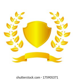 Golden shield with laurel wreath and ribbon