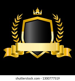 Golden shield with laurel wreath, stars and ribbon. Vector illustration for design