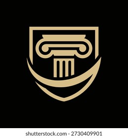 Golden shield logo with column icon