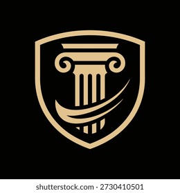 Golden shield logo with column and scroll design