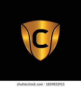 Golden Shield Logo Design for Letter C. Vector Realistic Metallic logo Template Design for Letter C. Golden Metallic Logo. Logo Design for car, safety companies and others.